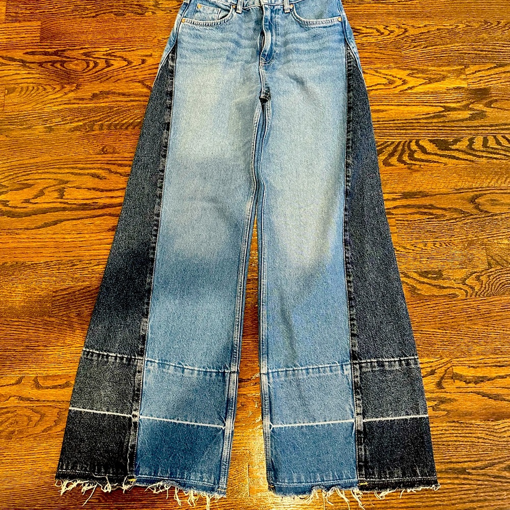ZARA NWOT Contrast Denim Wide Leg Mid-rise Jeans - 2